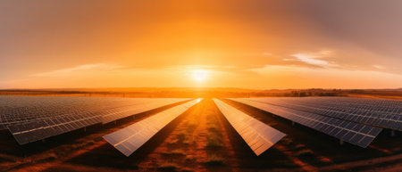 A field of solar panels with the sun setting in the background. AI generative image.の素材