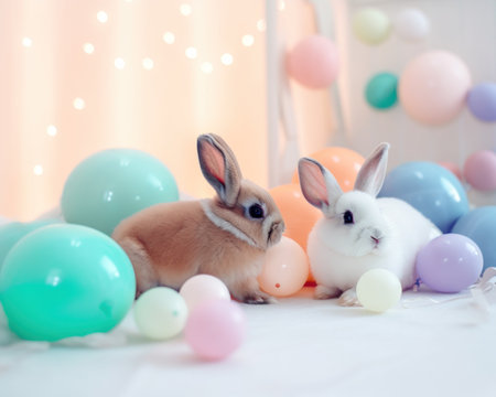 A couple of small rabbits sitting next to each other. AI generative image.の素材