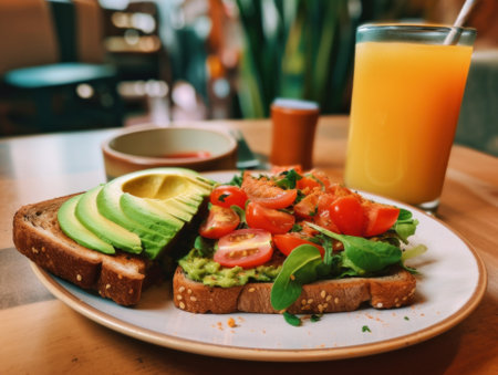 A plate of food with avocado and tomatoes. AI generative image.の素材
