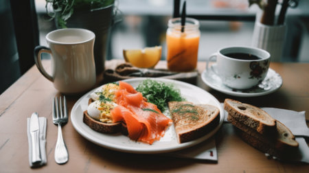 A plate of food sitting on a table next to a cup of coffee. AI generative image.の素材