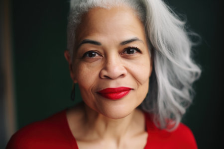 A mixed race woman with white hair and red lipstick. AI generative image.の素材