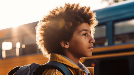 A young boy with a backpack standing in front of a bus. AI generative image. Back to school.の素材
