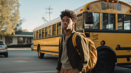 A young man standing in front of a school bus. AI generative image. Back to school.の素材