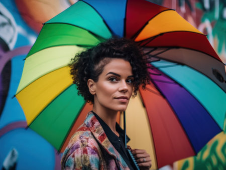 A woman holding a multicolored umbrella in front of a wall. AI generative image.の素材