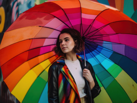 A woman holding a rainbow colored umbrella in front of a wall. AI generative image.の素材