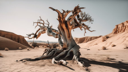 A dead tree in the middle of a desert. AI generative image.の素材