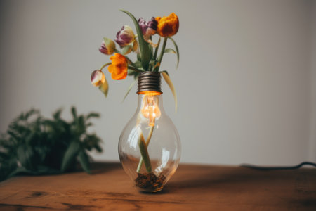 A light bulb filled with flowers sitting on a table. AI generative image.の素材