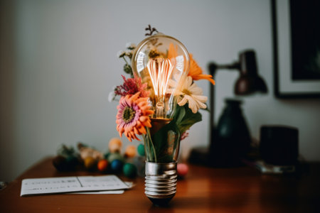 A light bulb with flowers in it on a table. AI generative image.の素材