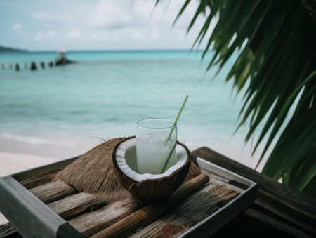 A coconut drink sitting on top of a wooden tray. AI generative image.の素材