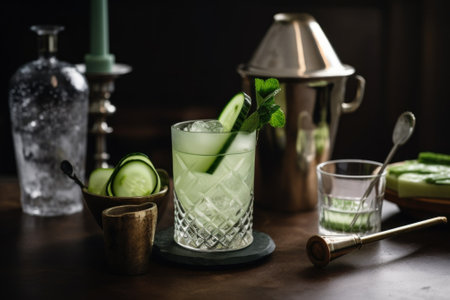 A glass filled with cucumber and a cucumber slice. AI generative image.の素材