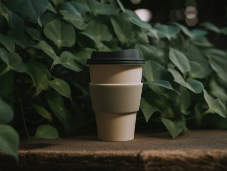 A reusable plastic coffee cup on top of a wooden table. AI generative image.の素材