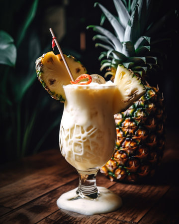 A glass filled with a drink next to a pineapple. AI generative image.の素材