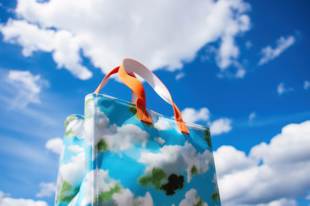 Reusable bag with colorful print on itagainst blue sky with clouds. AI generative image.の素材