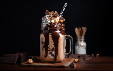 A chocolate milkshake with marshmallows and chocolate. AI generative image.の素材