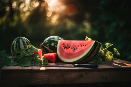 A wooden table topped with watermelons and a knife. AI generative image.の素材