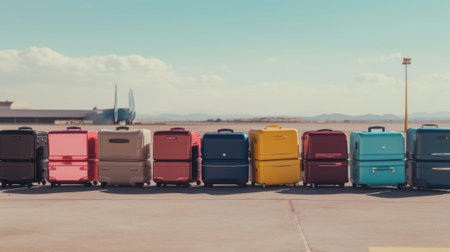 A row of premium luggage sitting on top of an airport tarmac. AI generative image.の素材