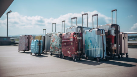 A row of premium luggage sitting on top of an airport tarmac. AI generative image.の素材