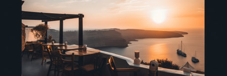 A view of a sunset over the ocean from a restaurant. AI generative image.の素材