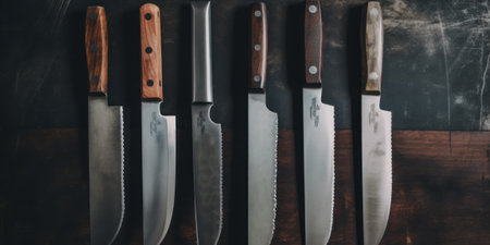 A group of knives sitting on top of a wooden table. AI generative image.の素材