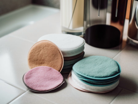 A set of washable makeup remover pads at counter top. AI generative image.の素材