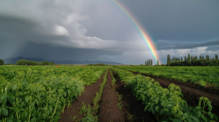 A rainbow appears over a field of crops. AI generative image.の素材