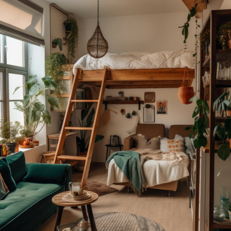 A bedroom with a loft bed and a green couch. AI generative image.の素材