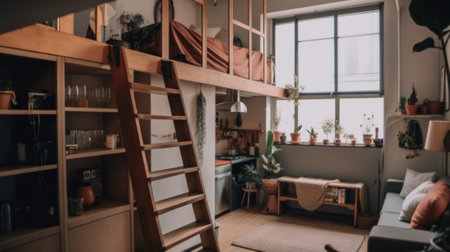 A living room with a loft bed and a ladder. AI generative image.の素材