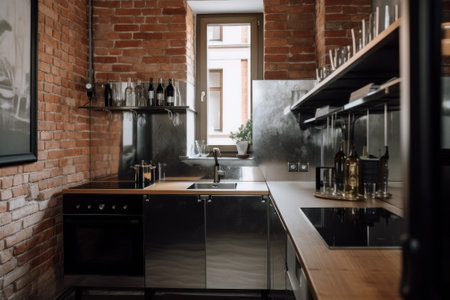 A kitchen with a brick wall and stainless steel appliances. AI generative image.の素材