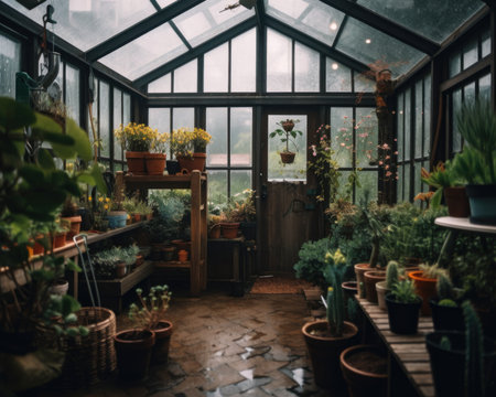 A greenhouse filled with lots of potted plants. AI generative image.の素材