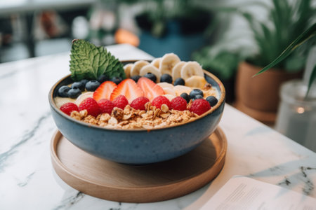A bowl of cereal with strawberries, bananas, and blueberries. AI generative image.の素材