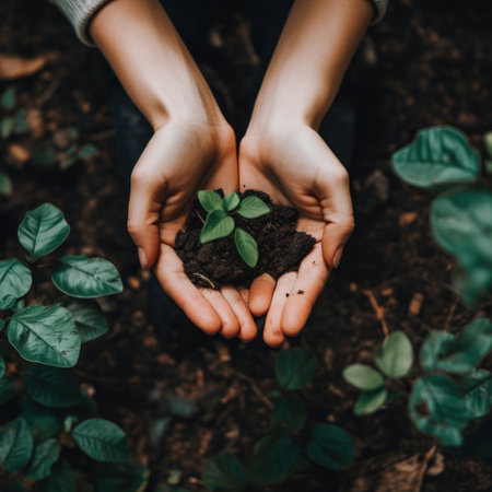 A person holding a small plant in their hands. AI generative image.の素材