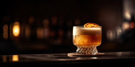 A drink sitting on top of a glass on a counter. AI generative image.の素材