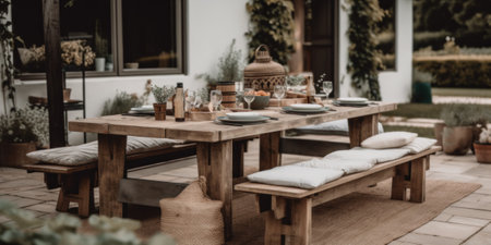 A wooden table with white cushions and a bench. AI generative image.の素材