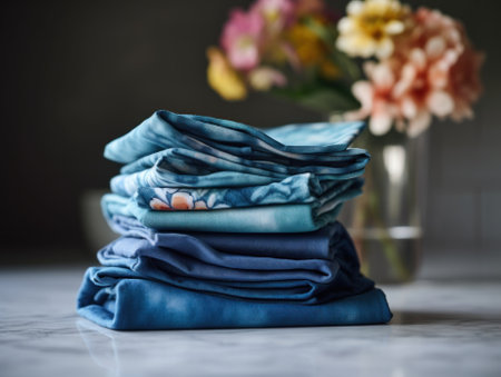 A stack of folded towels sitting on top of a table. AI generative image.の素材