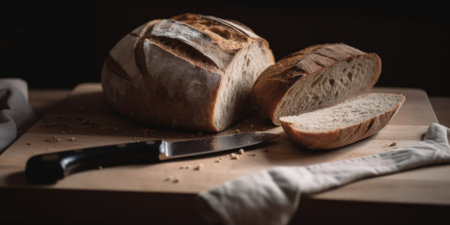A sliced loaf of bread sitting on top of a cutting board. AI generative image.の素材