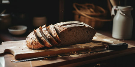 A sliced loaf of bread sitting on top of a cutting board. AI generative image.の素材