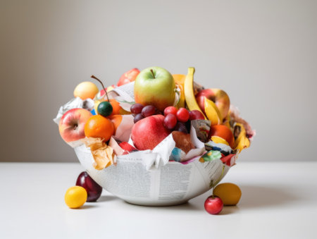 A white bowl filled with lots of different types of fruit. AI generative image.の素材