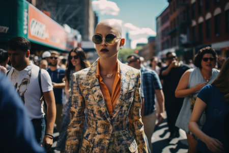 A man in a suit and sunglasses walking down a crowded street. AI generative image.の素材