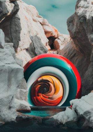 A spiral shaped object sitting on top of a rock. AI generative image. Surreal dreamlike picture.の素材