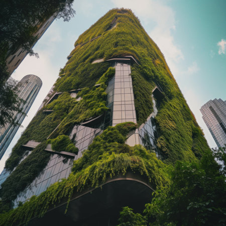 A tall building covered in lots of green plants. AI generative image.の素材