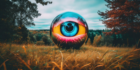 A large egg with an eye painted on it in a field. AI generative image.の素材