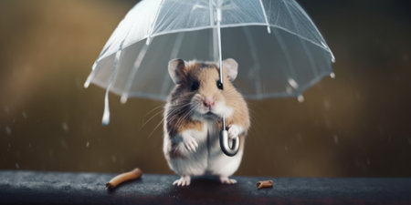 A hamster standing under an umbrella in the rain. AI generative image.の素材