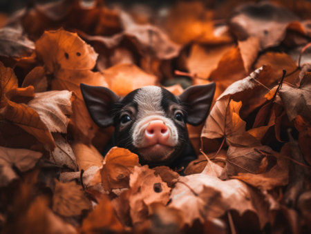 A small pig peeks out from a pile of leaves. AI generative image.の素材