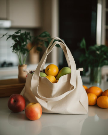 A bag filled with fruit sitting on top of a counter. AI generative image.の素材