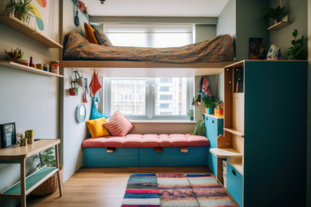 A bedroom with a bunk bed and a window. AI generative image.の素材