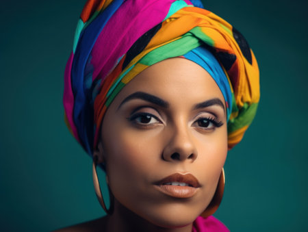 A woman with a colorful turban on her head. AI generative image.の素材