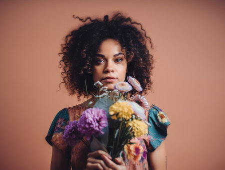 A woman holding a bunch of flowers in front of her face. AI generative image.の素材