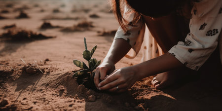 A woman kneeling down to plant a plant in the sand. AI generative image.の素材