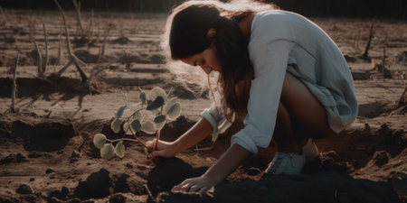 A woman kneeling in the dirt with a plant. AI generative image.の素材