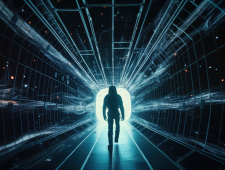 A person standing in a tunnel with a light at the end. AI generative image.の素材